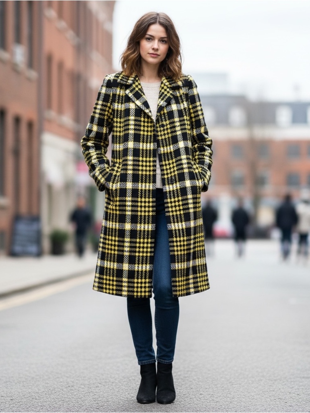 1960s Women’s Plaid Wool-Blend Long Coat in Yellow & Black